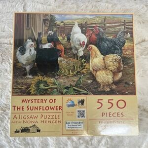 SunsOut Mystery of the Sunflower 550 Piece Jigsaw Puzzle 24" x 15" Chickens Farm